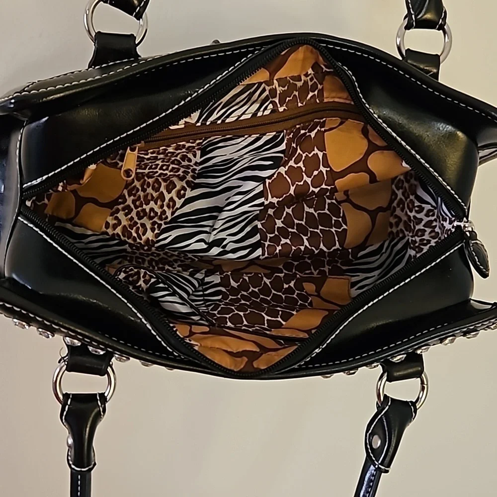 Vintage 1990s Mixed Animal Print Rhinestone Buckle Leather Baguette Satchel Bag